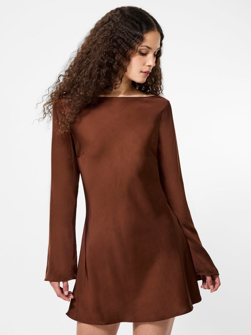 French Connection Ennis Satin Bell Sleeve Mini Dress Brown Size 4 3400